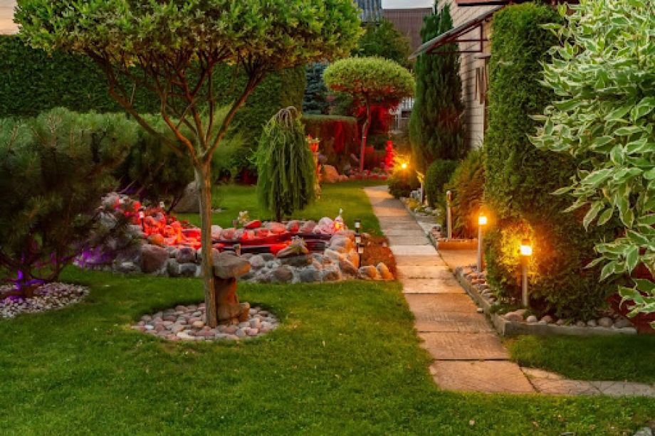 A backyard with landscape lighting.