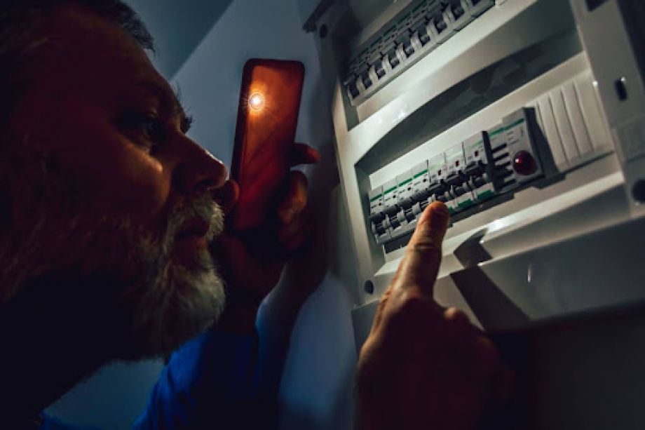 A man checking the electrical panel in a home during a power outage. He's holding a phone up to the electrial panel so that he can see it better.